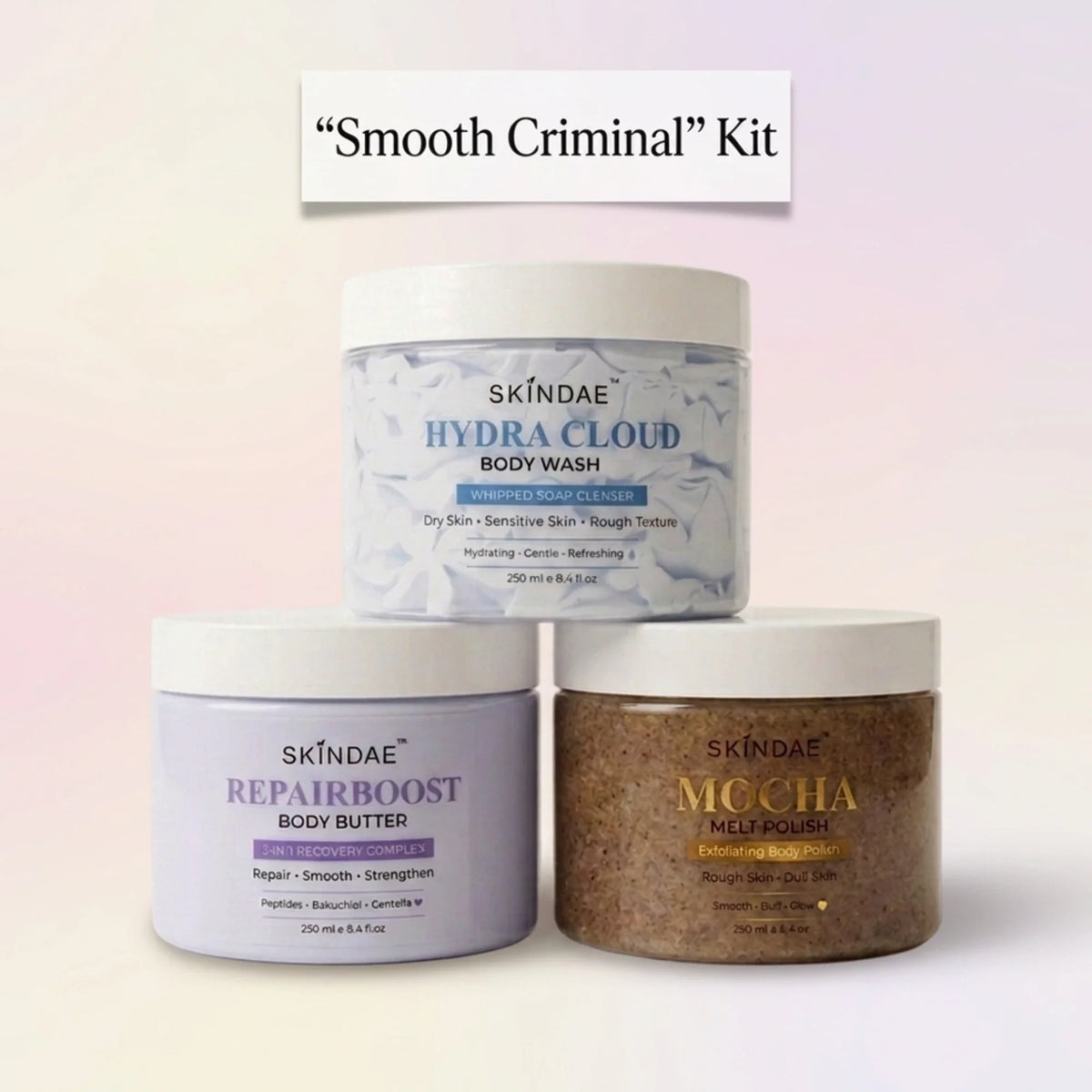 Skindae Smooth Criminal Kit – Hydra Cloud Body Wash, Mocha Melt Polish and RepairBoost Body Butter smoothing set