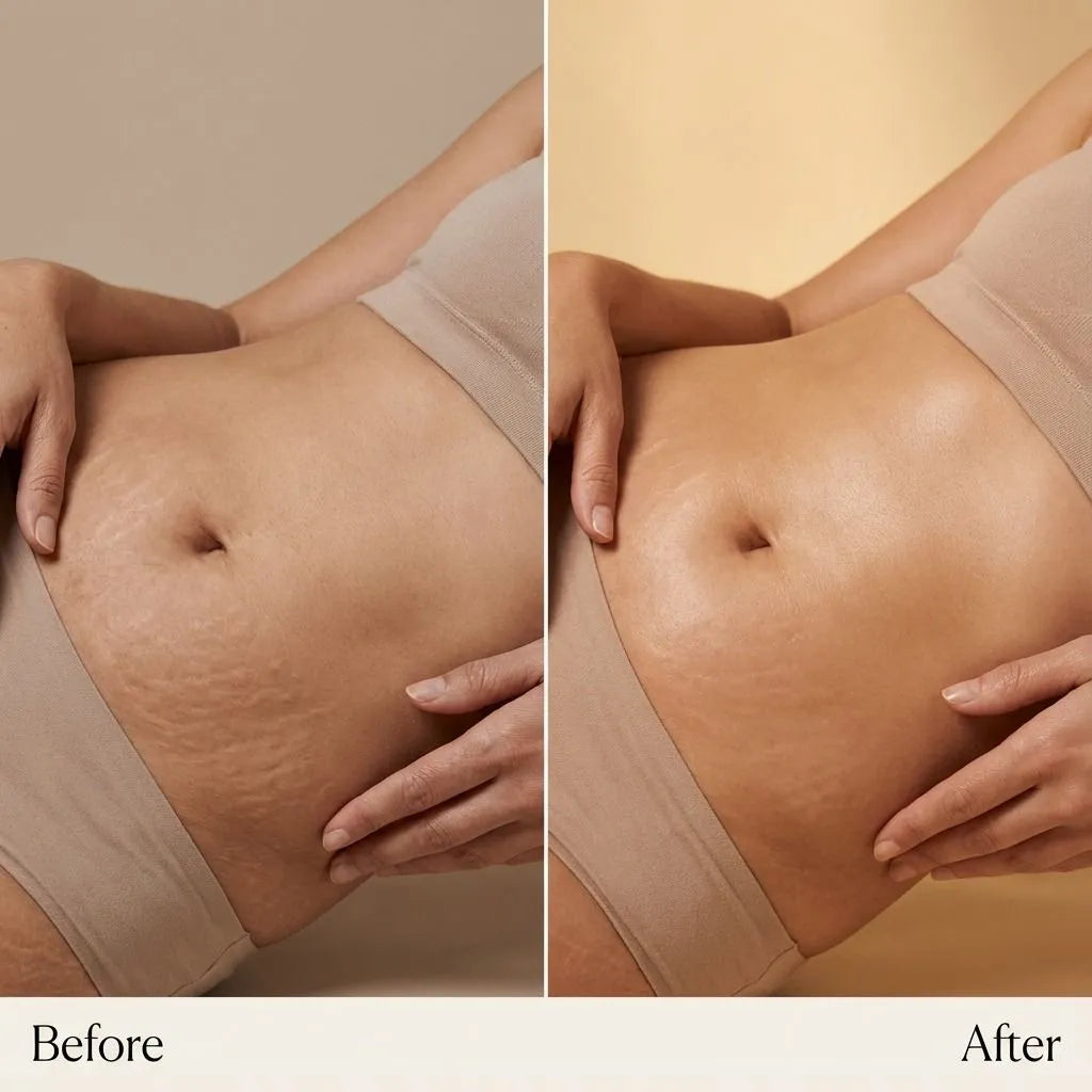 Before and after comparison of a person's abdomen wearing beige underwear.