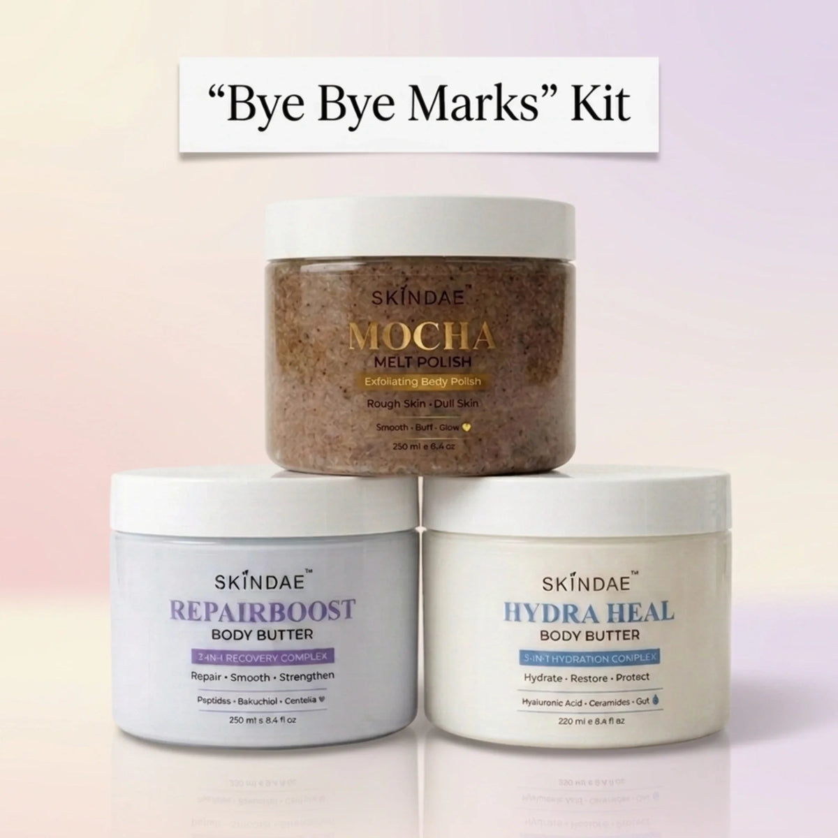 Skindae Bye Bye Marks Kit – Mocha Melt Polish, RepairBoost and Hydra Heal stretch mark set