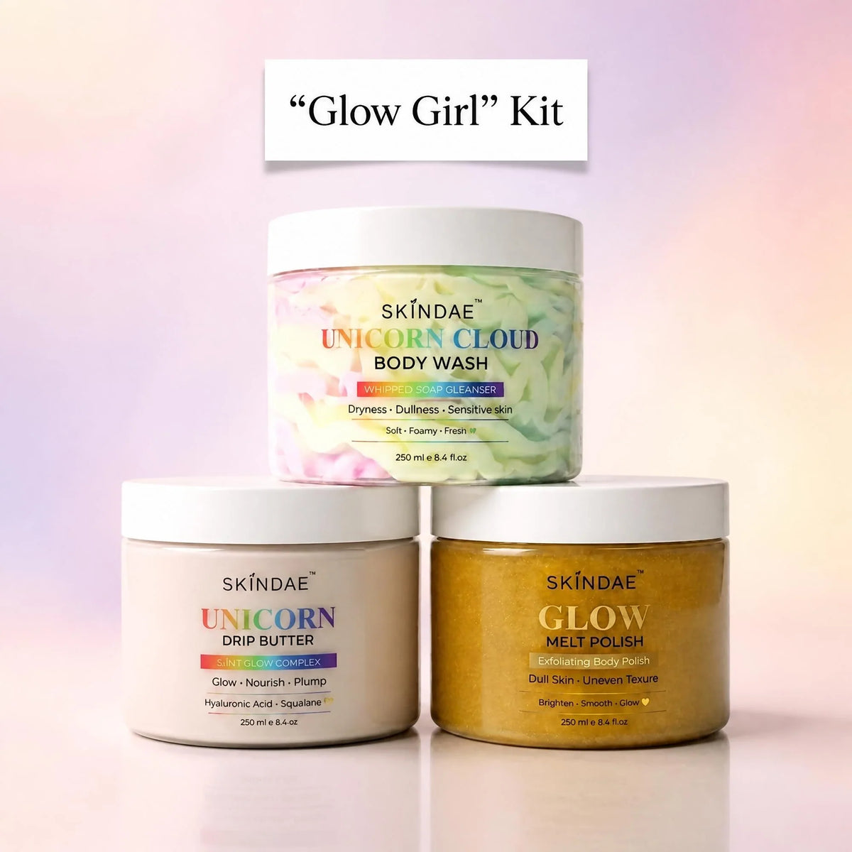 Skindae Glow Girl Kit – Unicorn Cloud Body Wash, Glow Melt Polish and Unicorn Drip Butter glow set