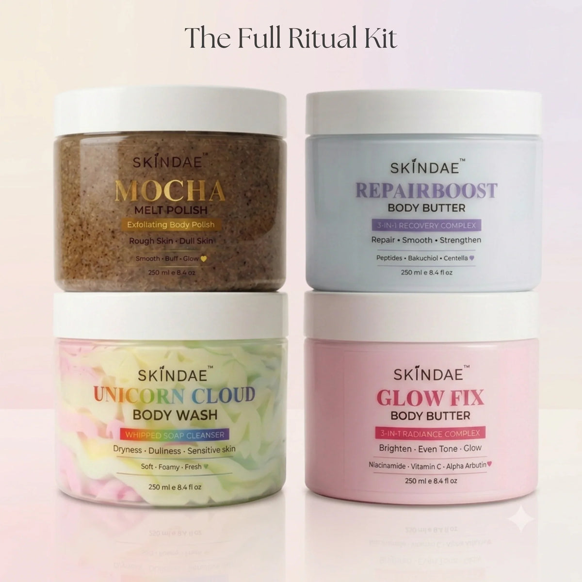Skindae The Full Ritual Kit – four product body care routine grid layout