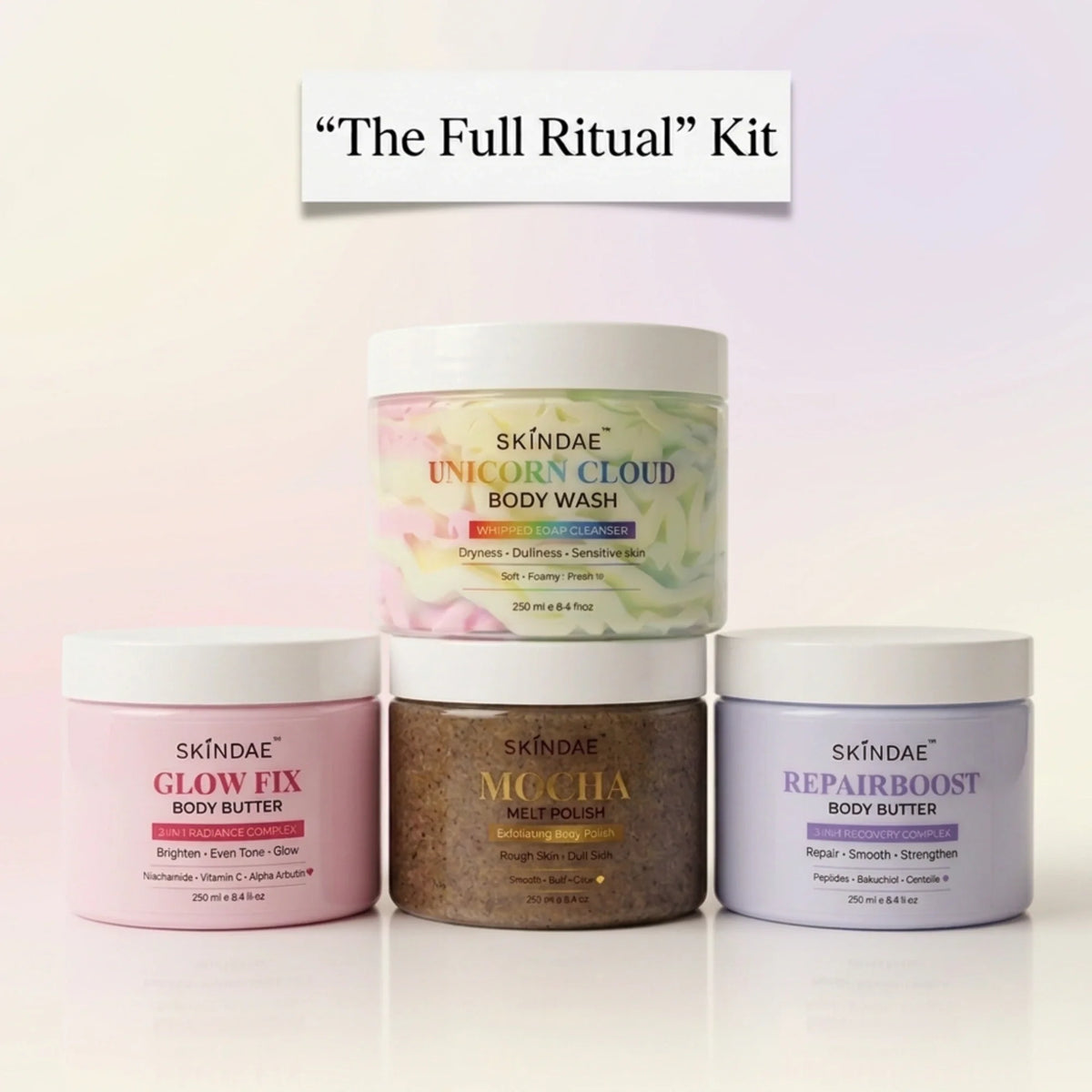 Skindae The Full Ritual Kit – Unicorn Cloud Body Wash, Mocha Melt Polish, Glow Fix and RepairBoost complete body care set